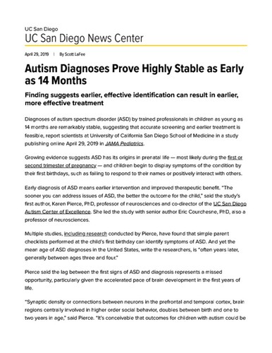 Autism Diagnoses Prove Highly Stable as Early as 14 Months