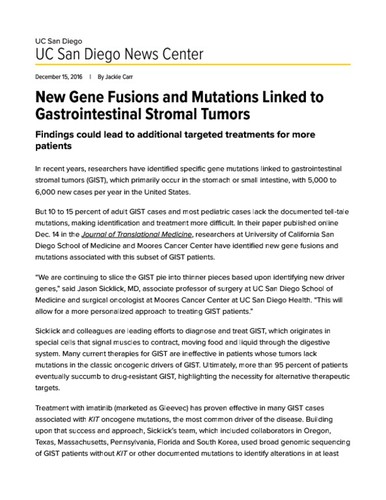 New Gene Fusions and Mutations Linked to Gastrointestinal Stromal Tumors