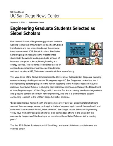 Engineering Graduate Students Selected as Siebel Scholars