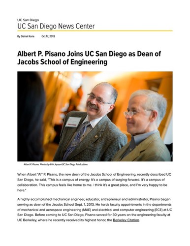 Albert P. Pisano Joins UC San Diego as Dean of Jacobs School of Engineering