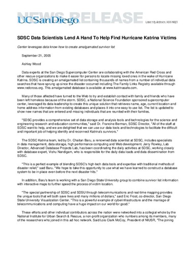 SDSC Data Scientists Lend A Hand To Help Find Hurricane Katrina Victims--Center leverages data know-how to create amalgamated survivor list