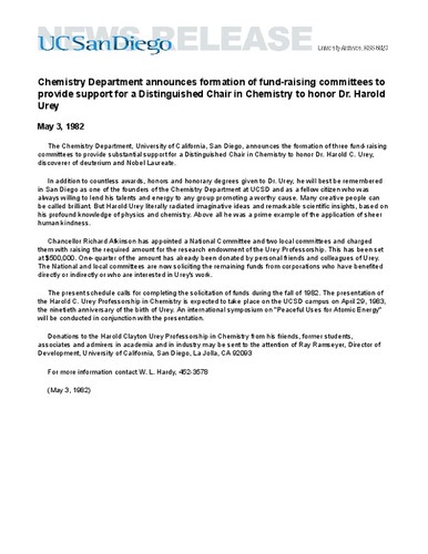 Chemistry Department announces formation of fund-raising committees to provide support for a Distinguished Chair in Chemistry to honor Dr. Harold Urey