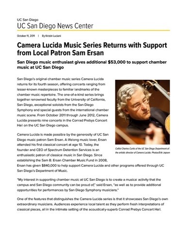 Camera Lucida Music Series Returns with Support from Local Patron Sam Ersan