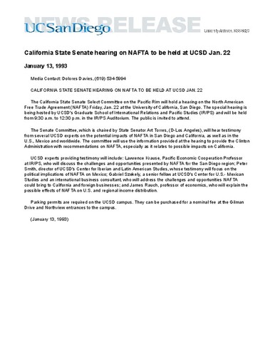 California State Senate hearing on NAFTA to be held at UCSD Jan. 22