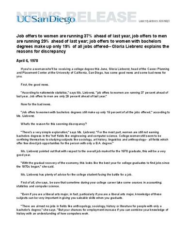 Job offers to women are running 37% ahead of last year, job offers to men are running 29% ahead of last year; job offers to women with bachelors degrees make up only 19% of all jobs offered--Gloria Liebrenz explains the reasons for discrepancy