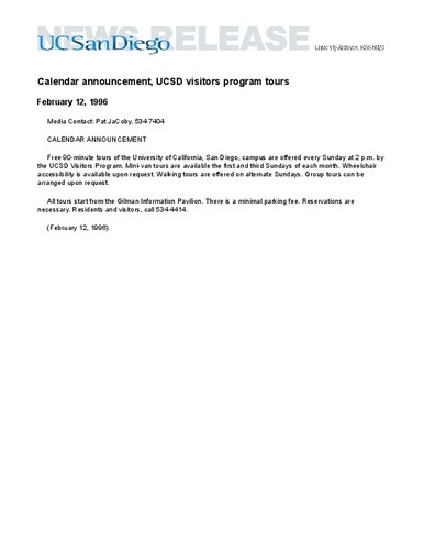 Calendar announcement, UCSD visitors program tours