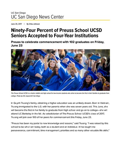 Ninety-Four Percent of Preuss School UCSD Seniors Accepted to Four-Year Institutions