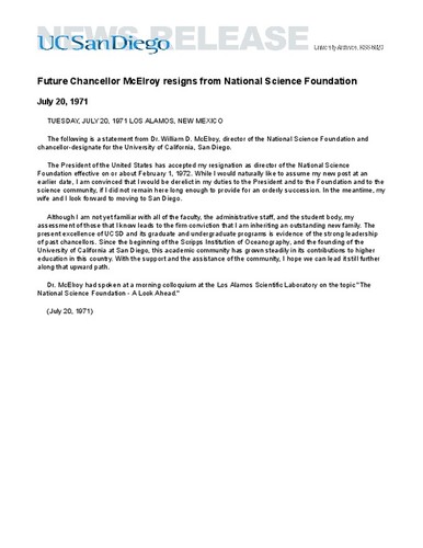 Future Chancellor McElroy resigns from National Science Foundation