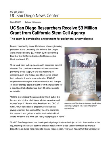 UC San Diego Researchers Receive $3 Million Grant from California Stem Cell Agency