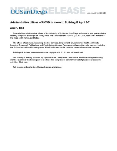 Administrative offices of UCSD to move to Building B April 6-7