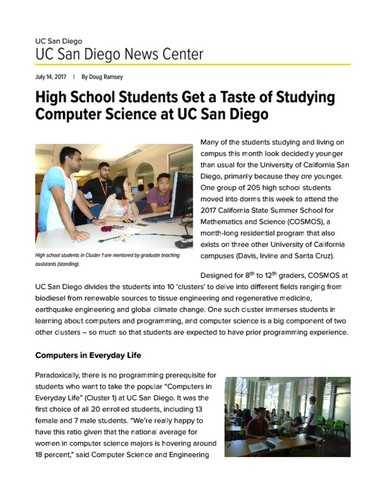 High School Students Get a Taste of Studying Computer Science at UC San Diego