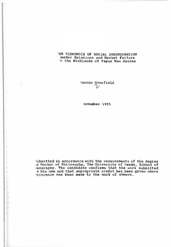 The economics of social subordination : gender relations and market failure in the highlands of Papua New Guinea