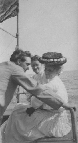 [Ralph E. Watson, Edna Watson Bailey and Beth Worthen on a sailboat]