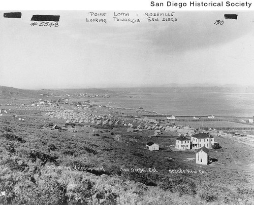 View of a military camp at Point Loma looking southeast toward downtown San Diego