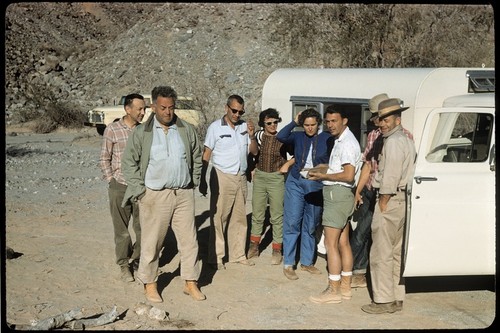 Burnie Craig, Walt Wheelock, Tom Hunt, Inez Brush, Trudie Hunt, Vince Roth, unidentified, and Garver Light near Cucapá Palms