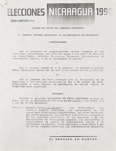 Elecciones Nicaragua 1990 : el proceso en marcha