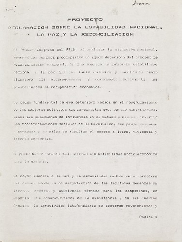 Proyecto, Declaración sobre la estabilidad nacional, la paz, y la reconciliación