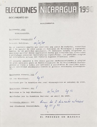 Elecciones Nicaragua 1990 : el proceso en marcha