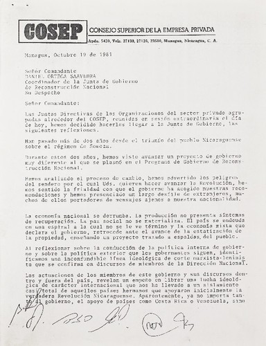 [letter addressed to Daniel Ortega dated 19 Oct. 1981]