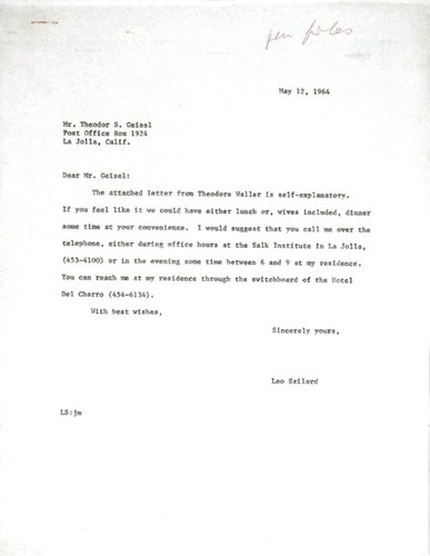 Geisel, Theodor S.: Unsigned carbon copy of Szilard letter