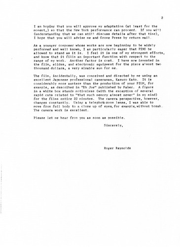 Ping: Correspondence: Letter to Samuel Beckett from Roger Reynolds; page 2