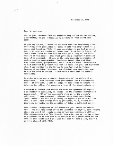 Ping: Correspondence: Letter from Roger Reynolds to Samuel Beckett; page 1