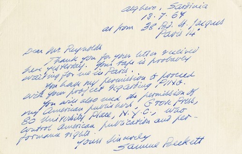 Ping: Correspondence: Postcard from Samuel Beckett to Roger Reynolds