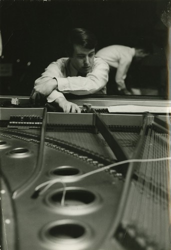 Ping: Orchestral Space '68: Roger Reynolds, pianist (center) performing piano and Hiroshi Kumagai, percussionist (to right)