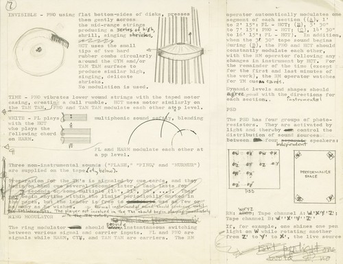 Ping: Score: Mock-up fragment: description of certain of the "Timed Mixtures" that opunctuated the performed (partially improvised) continuity