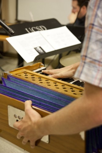 Ping: Rehearsal photographs: Performer: Ross Karre sqweezing harmonium bellows