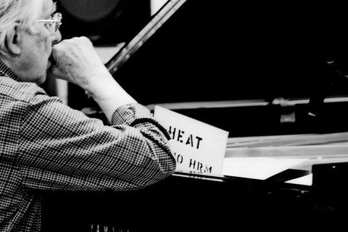 Ping: Rehearsal for 2011 UC San Diego performance: Roger Reynolds holding cue card for "Heat" event