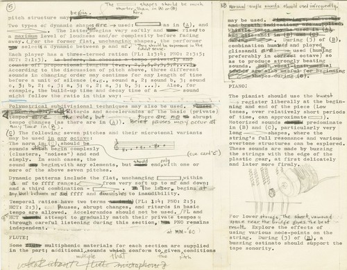 Ping: Score: Ping score mock-up, fragment: performance notes for (from left to right) the percussionist, flute, and piano