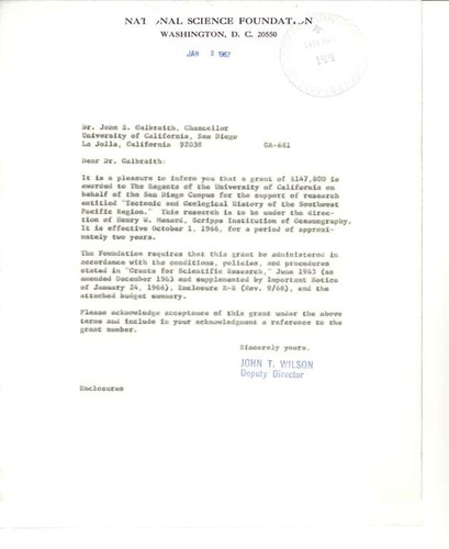 Award letter from NSF to John S. Galbraith