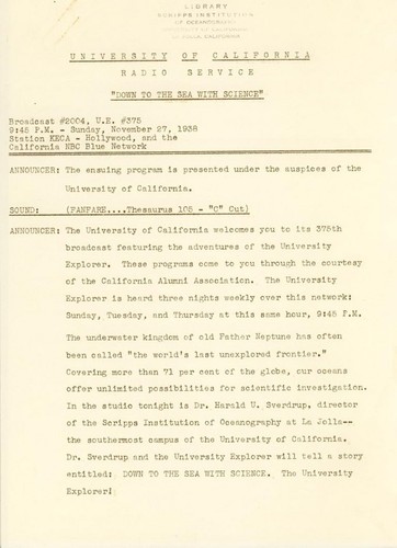 Down to the Sea with Science: Broadcast #2004, U.E. #375, 9:45p.m., Sunday, November 27, 1938