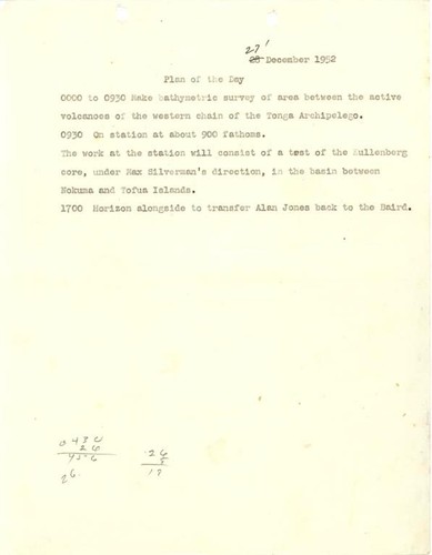 Capricorn Expedition logs: Plan of the day, 1952 December 27