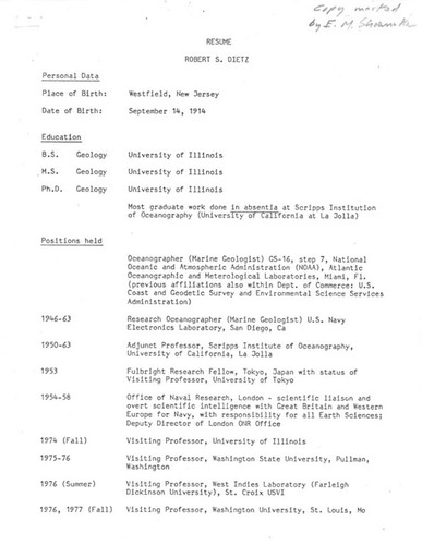 Resume of Robert S. Dietz