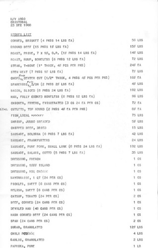 M/V Argo Cristobal 23 Dec 1968 Stores List