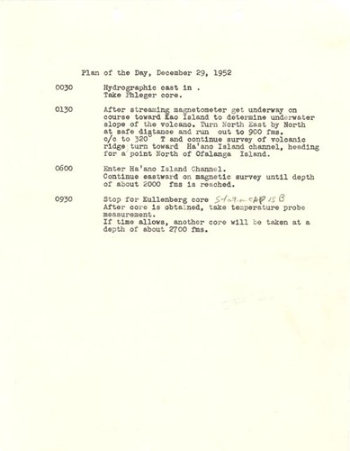 Capricorn Expedition logs: Plan of the day, 1952 December 29