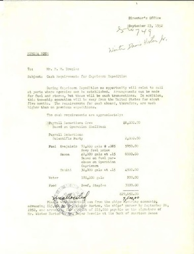 Memorandum to Mr. P.M. Douglas Subject: Cash