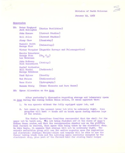 Memorandum to Peter Trapani, et. al Re: Space Allocation on Argo