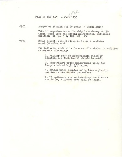 Capricorn Expedition logs: Plan of the day, 1953 January 10