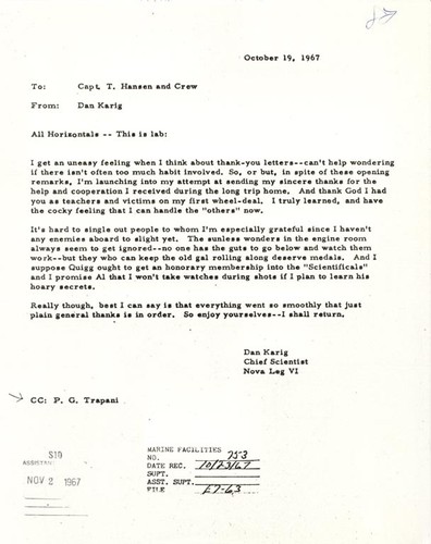 Memorandum to Capt. T. Hansen and Crew