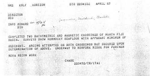 Teletype Completed Two Bathymetric and Magnetic Crossings of North Fiji Basin DTG 220410Z