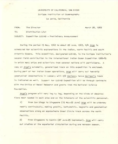 Memorandum Subject: Expedition LUSIAD-Preliminary Announcement