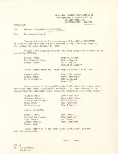 Memorandum to Members of Expedition CAPRICORN