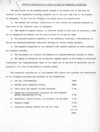 Proposed Bacteriological Program of Gulf of California Expedition