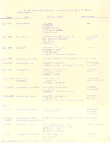 All mail/shipments should be sent to agents marked "Hold for (Vessel Name) Arrival"