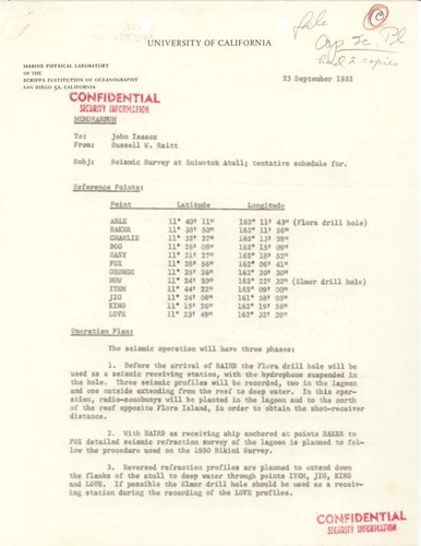 Seismic Survey at Eniwetok Atoll - Correspondence