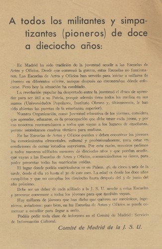 A todos los militantes y simpatizantes (pioneros) de doce a dieciocho años: