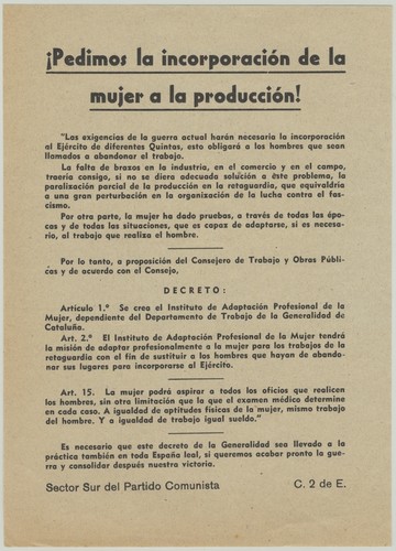 ¡Pedimos la incorporación de la mujer a la producción!